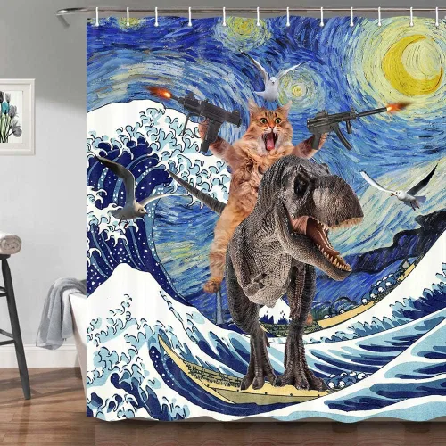 Divertido juego de cortina de ducha con diseño de gato, dinosaurio japonés con ondas oceánicas, cortinas de baño divertidas para niños, decoración