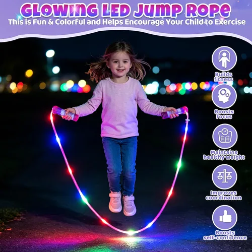 Miniatura 3 de 2 Pack LED Jump Rope for Kids Colorful Skipping Rope Light Up Ropes for Girls Boys Fitness Exercise & Lights Dancing & Night Party Favors