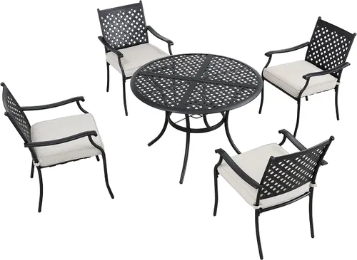 Miniatura 11 de Lokatse Home. Juego de 4 sillas para comedor de hierro forjado para exteriores, con brazos y cojines de asiento. Negro
