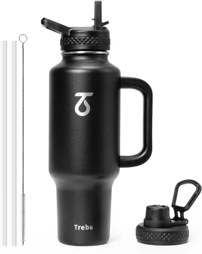 Miniatura 21 de Trebo Botella de agua de 40 onzas con aislamiento que cabe en portavasos de automóvil con asa, botellas de agua de acero inoxidable vaso con tapas