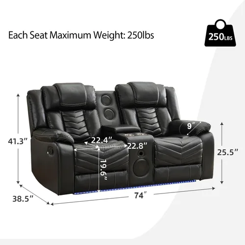 Miniatura 2 de Sofá reclinable manual con altavoces de graves para sala de estar, sofá biplaza reclinable eléctrico de cuero con luces LED, reclinables dobles, 2