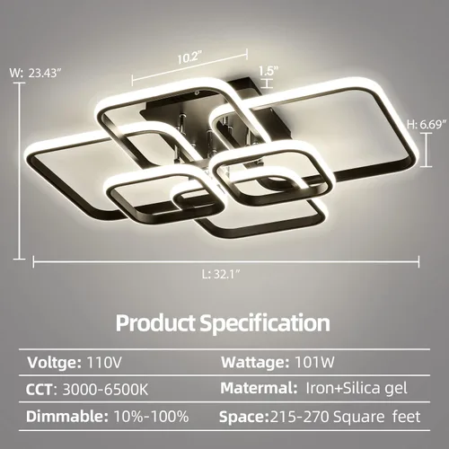Miniatura 6 de Lámpara de techo LED moderna regulable de 99 W, lámparas de techo circulares de 6 anillos con control remoto, lámparas de montaje semiempotrado de 3