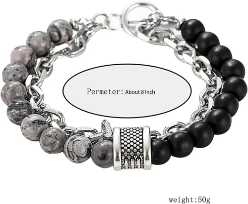 Miniatura 6 de Pulsera de obsidiana para hombre, pulsera de cuentas negras, pulseras de cadena plateada, pulseras punk, regalo de joyería