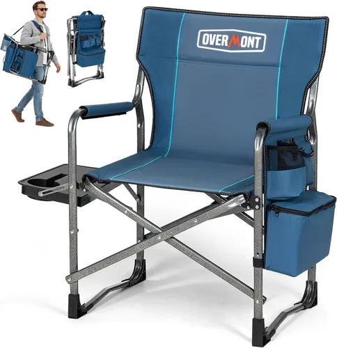 Miniatura 10 de Overmont Silla de campamento ligera de gran tamaño, portátil, cómoda, resistente, plegable, con mesa auxiliar y bolsa enfriadora para campamento