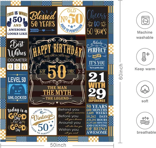 Miniatura 6 de Regalos de cumpleaños 50 para él, manta de cumpleaños 50 para hombres con caja de regalo, regalo de cumpleaños de 50 años para hombres que cumplen