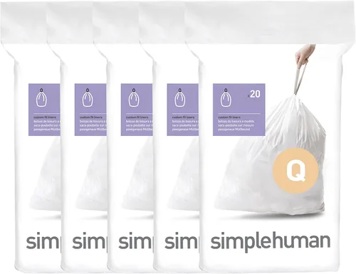 simplehuman Code Q - Paquete de 100 dispensadores de forros personalizados, bolsas de basura con cordón, 50-65 litros/13-17 galones, color blanco