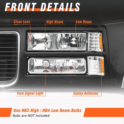 Miniatura 2 de 94-98 Chevy C/K 1500 - Faros delanteros cromados IP65 Waterproof, DOT/SAE, OE 5977459/5977460, HB3+HB4 Bulbs Not Included, Composite Headlamp