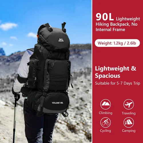 Miniatura 2 de Mochila de senderismo de 90L, bolsa de camping impermeable con cubierta de lluvia, mochila ligera para mochileros, sin marco Negro
