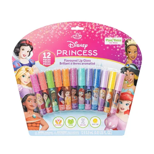 Disney Princess 12 piezas de brillo labial a base de plantas, recuerdos de fiesta para niñas, primer set de maquillaje para niñas, perfecto para