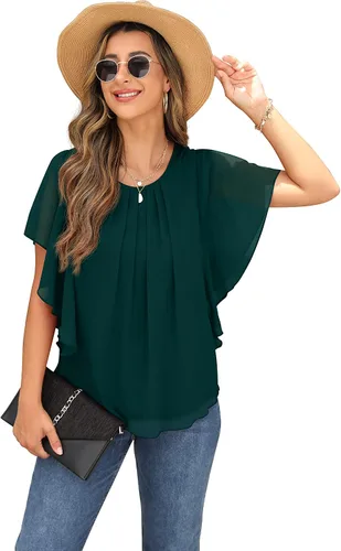 Miniatura 5 de QIXING Blusas de gasa con cuello redondo y cuello redondo de verano para mujer