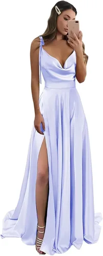 Miao Duo MDPM154 - Vestidos largos de satén con abertura alta para mujer, con tirantes delgados ajustables, vestidos de fiesta formales con bolsillos