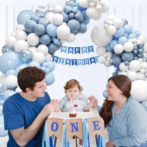 Miniatura 6 de Kit de arco de globos azules y blancos de 134 piezas, globos azules y blancos con confeti azul polvoriento para aniversario, revelación de género