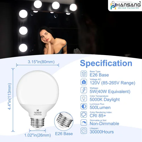 Miniatura 2 de Paquete de 8 bombillas de baño, bombillas LED de luz diurna de 5000 K, base E26 equivalente a 40 W, bombilla G25 para espejo de maquillaje de baño