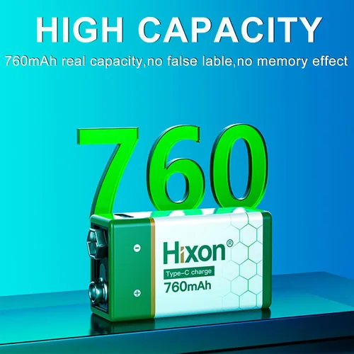 Miniatura 3 de Hixon Baterías de litio recargables USB de 9 V, baterías de iones de litio de larga duración de 760 mAh de 9 voltios con cable de carga tipo C