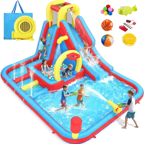 Whubefy Toboganes acuáticos inflables para el patio trasero de los niños (con 450 sopladores, 6 juguetes)