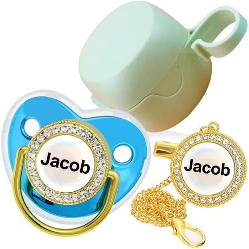 Chupete personalizado con nombre, set de clip para chupete dorado brillante con caja de almacenamiento, chupete personalizado con purpurina y