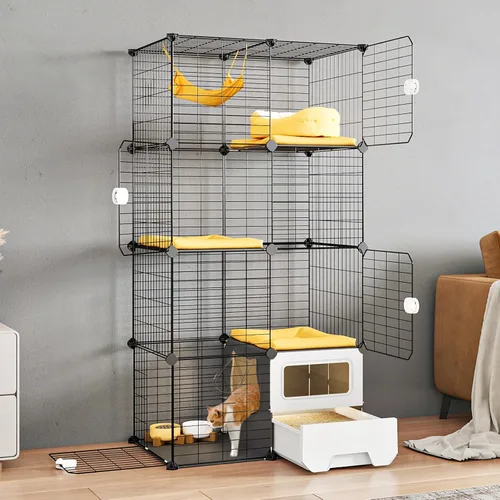 Miniatura 8 de Oneluck Jaula para Gatos de Interior con Caja de Arena de 3 Niveles DIY Corral para Gatos Desmontable Jaula de Alambre Metálico Grande Lugar