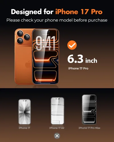 Miniatura 2 de UNBREAKcable Paquete de 3 protectores de pantalla para iPhone 17 Pro con protección de cámara, dureza 9H, claridad HD, antihuellas, compatible