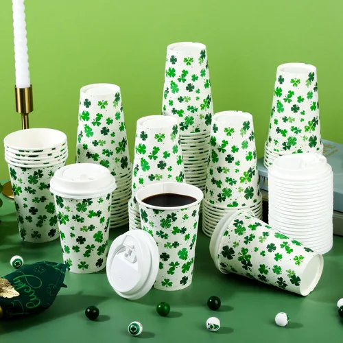 Miniatura 3 de Paquete de 80 tazas de 12 onzas para el Día de San Patricio, tazas de café desechables de papel con tapas, tazas de trébol verde para bebidas frías