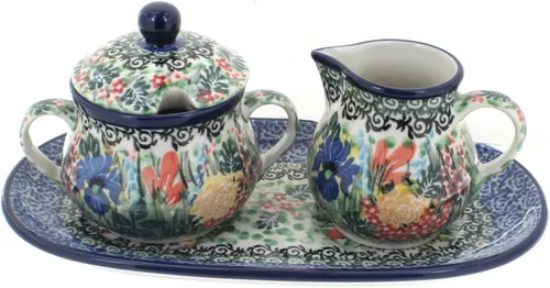 Miniatura 3 de Blue Rose Polish Pottery Bluebird - Juego de crema y azúcar con bandeja