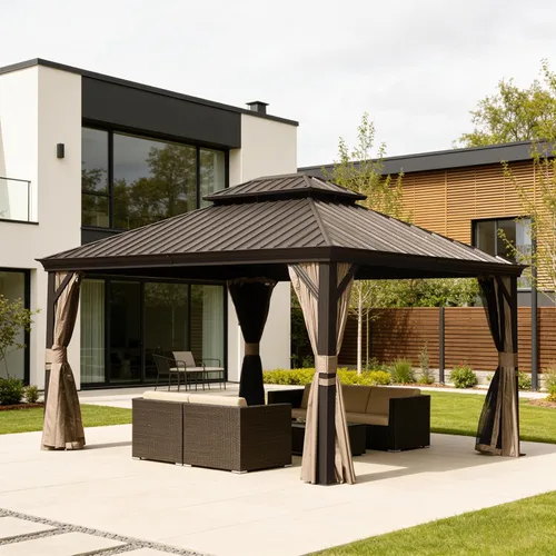 Miniatura 9 de Domi - Cenador de techo rígido de 8 x 8 pies con malla y cortinas, cenador para exteriores con techo doble de acero galvanizado para patio, césped
