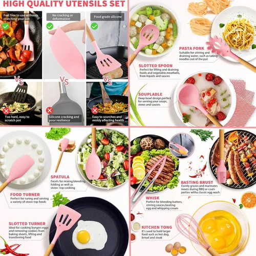 Miniatura 4 de Caliamary - Juego de utensilios de cocina de silicona de 19 piezas con soporte y juego de cuchillos de cocina para cocinar, antiadherentes