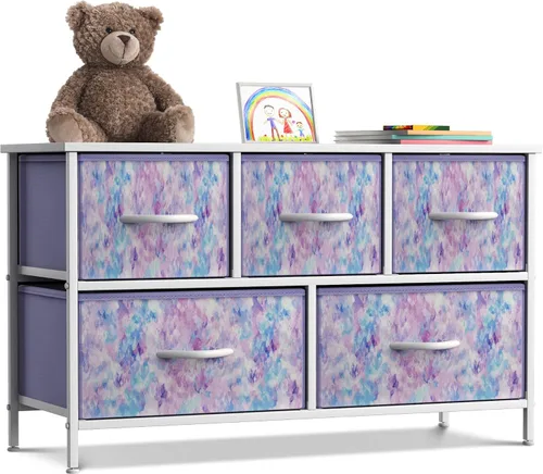 Miniatura 12 de Sorbus Cómoda Infantil con 5 Cajones - Unidad Organizadora de Almacenamiento con Marco de Acero, Parte Superior de Madera, Cajones de Tela Fáciles