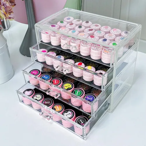 Caja de almacenamiento de 4 niveles para decoración de arte de uñas, organizador acrílico para maquillaje y joyería con cajones, almacenamiento de