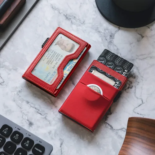 Miniatura 24 de VULKIT Billetera minimalista con ventana de identificación y bolsillo EDC con bolsillo desplegable para tarjetas de crédito y bloqueo RFID, diseño
