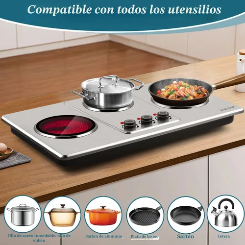 Miniatura 4 de CUSIMAX - Placa de cocción eléctrica de 1800 W, estufa eléctrica de encimera de doble quemador de hierro fundido con temperatura ajustable