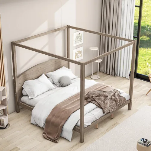 Miniatura 4 de Harper & Bright Designs Cama con dosel con cabecero, marco de madera con patas de apoyo, plataforma de tamaño King para adolescentes y adultos,