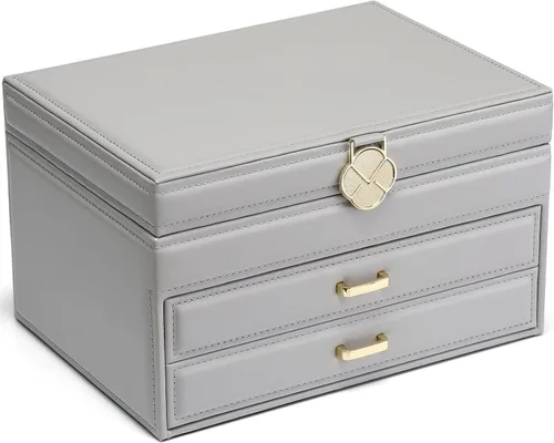 Vlando Joyero para collares anillos aretes caja organizadora de joyas de espejo con cajones cajas grandes de joyería de 3 capas para mujeres y niñas