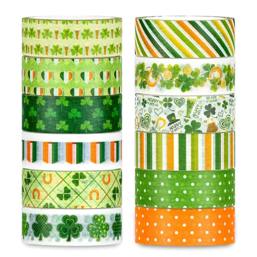 Whaline 12 rollos de cinta washi del día de San Patricio, bandera irlandesa, cinta adhesiva Washi de trébol de la suerte, color naranja y verde,
