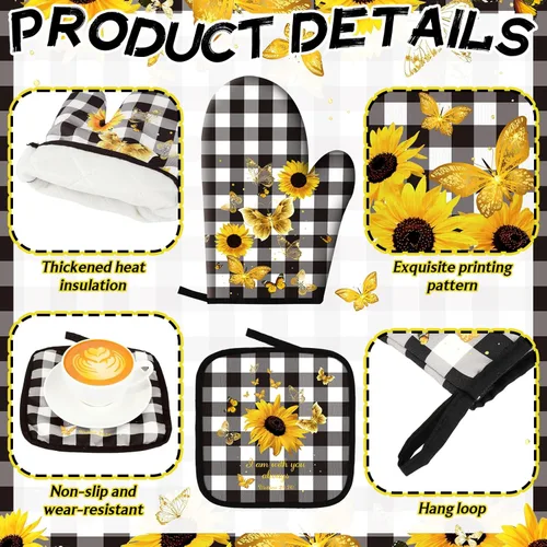 Miniatura 6 de Fourluoo Juego de 10 piezas de decoración y accesorios de cocina de girasol, diseño de búfalo blanco y negro, juego de manoplas de horno y soportes