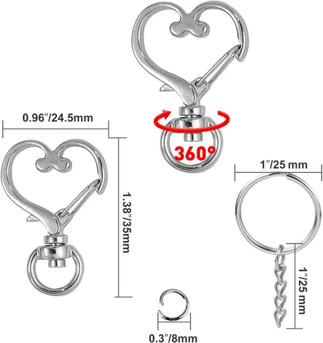 Miniatura 5 de Juego de 150 ganchos giratorios en forma de corazón, clip de metal con resorte para llavero, cierre de langosta, llaveros divididos con cadena