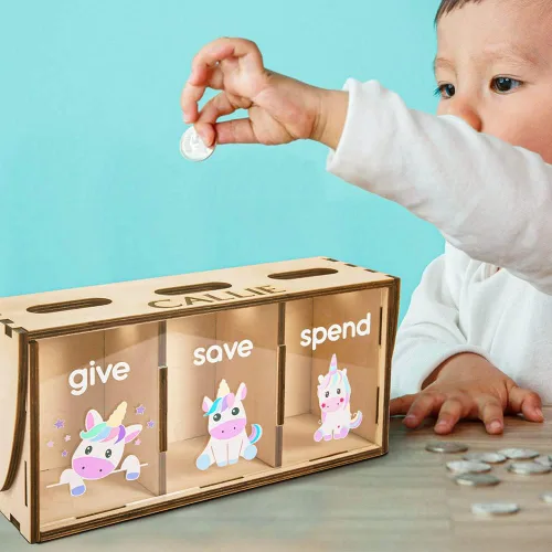 Miniatura 3 de Give Save Gastar Kids Teach Money Bank Nombre personalizado con dinosaurios o unicornio Banco de enseñanza para niños Caja de ahorros personalizada