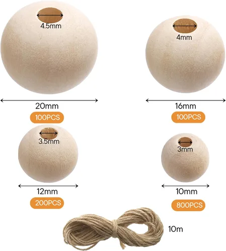 Miniatura 2 de Foraineam Juego de 1200 cuentas redondas de madera natural, cuentas sueltas de madera natural, 4 tamaños de 0.394 in, 0.472 in, 0.630 in, cuentas