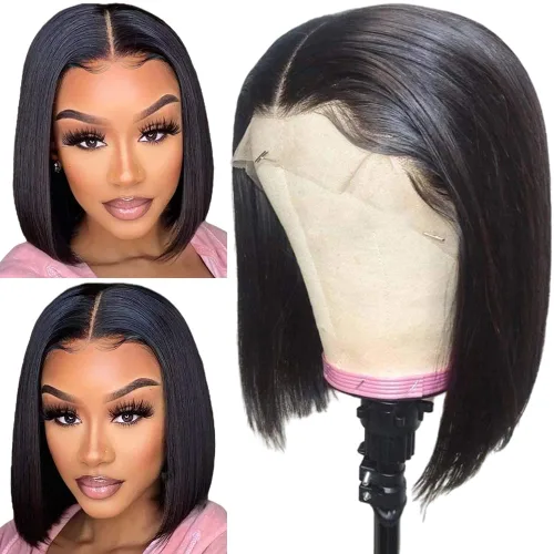 Miniatura 11 de Peluca Bob Corta de Cabello Humano 13x4 Pelucas Bob Frontales de Cabello Humano Pre Desplumadas para Mujeres Negras Pelucas de Encaje Frontal Bob 10
