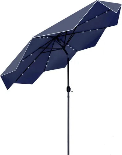 Miniatura 16 de PHI VILLA - Sombrillas de patio de 9 pies con 24 luces LED solares, sombrilla iluminada para mesa de mercado al aire libre con 8 varillas de acero
