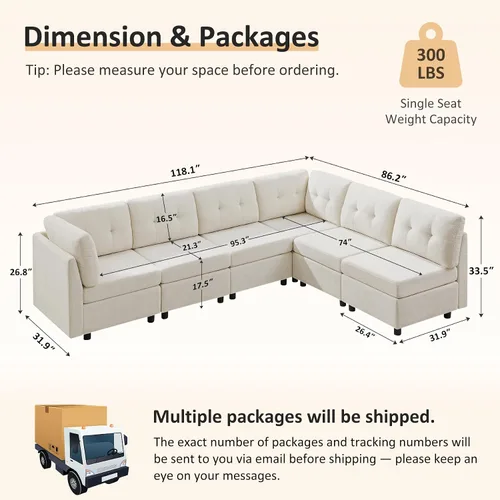 Miniatura 2 de VANOMi - Sofás seccionales de 6 plazas para sala de estar, sofá modular convertible de 118" en forma de nube, cómodos sofás de chenilla y sofás