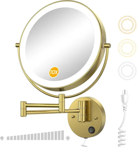 Gospire Espejo iluminado montado en la pared de 9", con aumento 1X/10X, espejo de baño LED de doble cara, 3 luces de color y atenuación sin Dorado