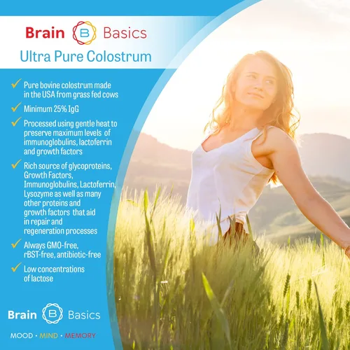 Miniatura 2 de Brain Basics Calostro ultra puro, 4000 mg por porción, mínimo 25% de anticuerpos IgG, salud intestino-cerebro-inmune, cabello y piel brillantes.