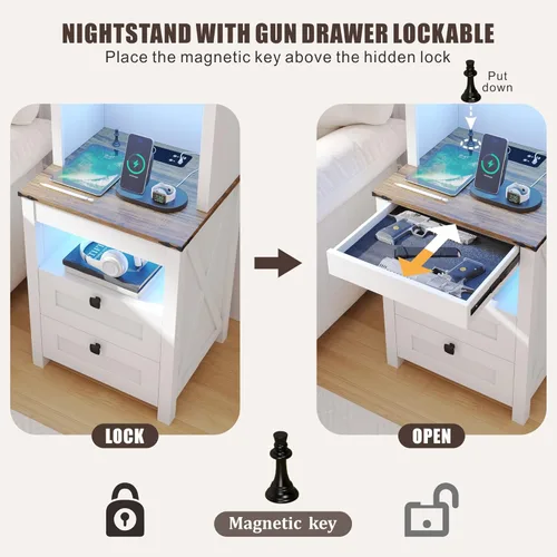 Miniatura 4 de HWB Mesita de noche alta con estación de carga y luces LED, mesita de noche de estilo granja con cajón para armas y estante ajustable, mesa de noche