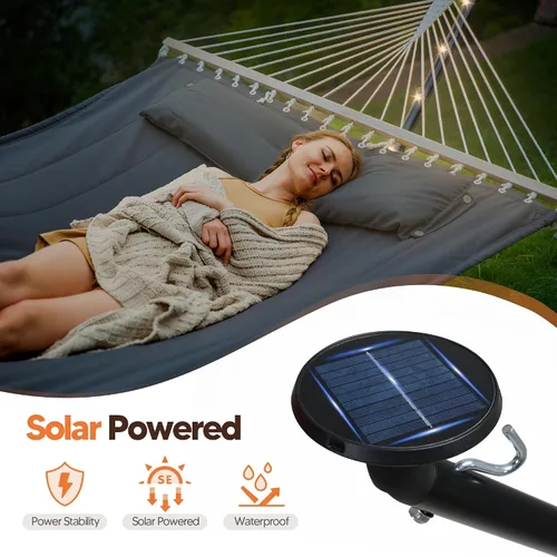 Miniatura 4 de SUNCREAT Hamaca doble con soporte de 12 pies, luces solares incluidas, hamaca al aire libre para exterior, gris oscuro