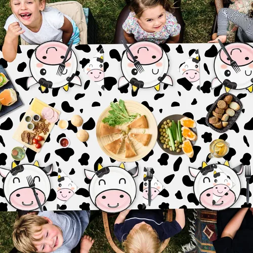 Miniatura 6 de Suministros de fiesta con estampado de vaca: platos con forma de vaca, servilletas con patrón, tenedores, cubierta de mesa para cumpleaños de niñas