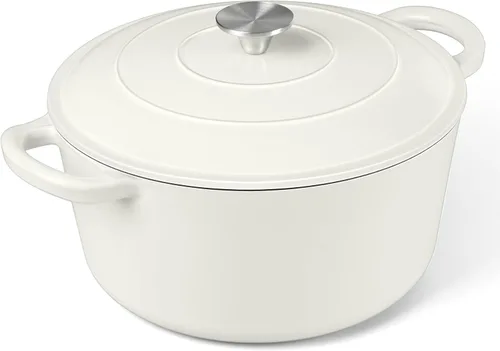 Miniatura 13 de P&P CHEF Horno holandés esmaltado de 5 cuartos de galón, olla holandesa de hierro fundido con tapa para hornear pan, olla esmaltada para asar, Caqui