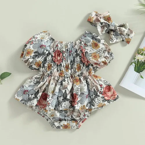 Miniatura 57 de Mameluco para bebés y niñas de 3, 6, 9, 12, 18 meses, enterizo de manga corta, fruncido, faldas y dobladillo, diadema