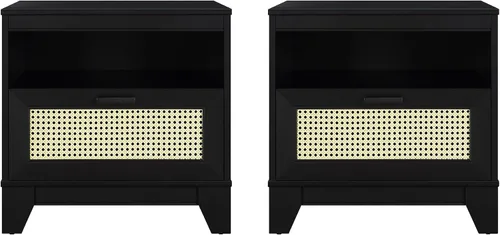 Miniatura 10 de Manhattan Comfort Sheridan Mesita de noche de caña con cajón de extensión completa y estante abierto, mesa auxiliar moderna de mediados de siglo