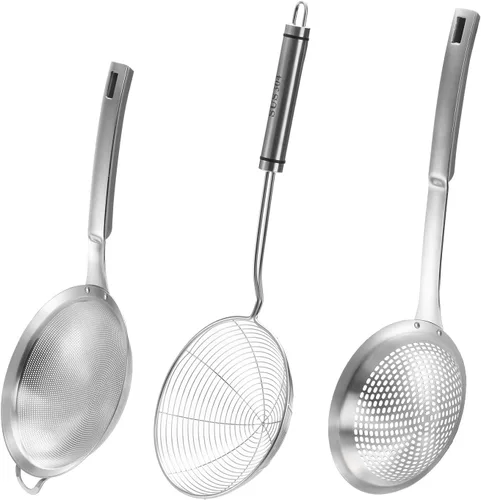 Juego de 3 cucharas de colador de araña, colador de malla fina de acero inoxidable, coladores de alimentos de tamiz de acero inoxidable, cucharas de