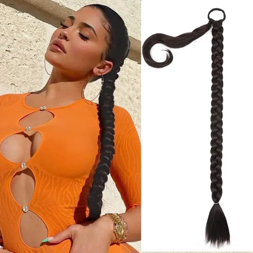 Miniatura 10 de Extensiones de cola de caballo trenzada de 20 pulgadas de largo para mujer, extensiones de cabello lacio envolvente con banda para el cabello, cola